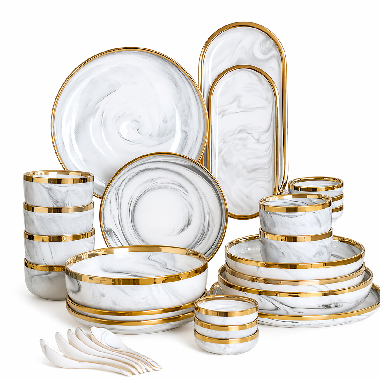 კერამიკული ჭურჭლის ნაკრები ოქროსფერი კანტით 6 პერსონაზე 48 ნაჭერი